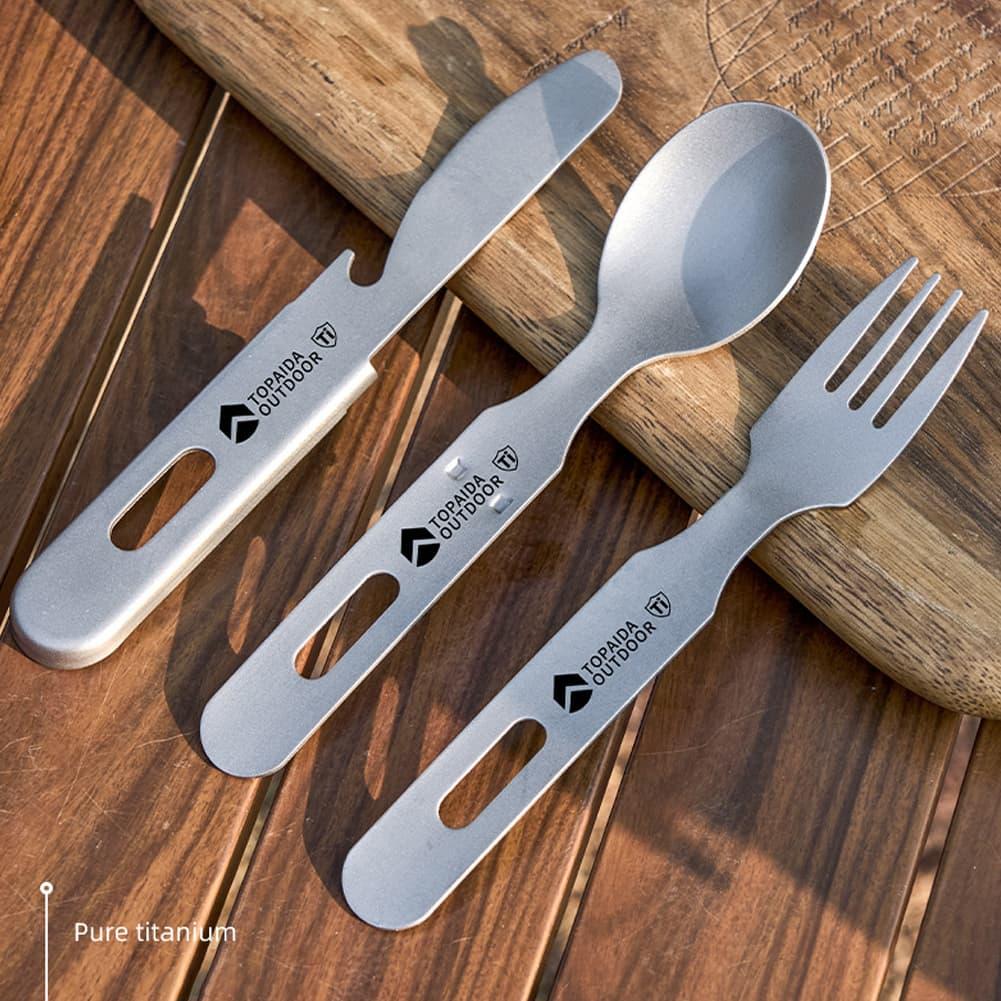 Outdoor Camping Dining Set - 3-in-1 titanium campingbestekset met vork, lepel